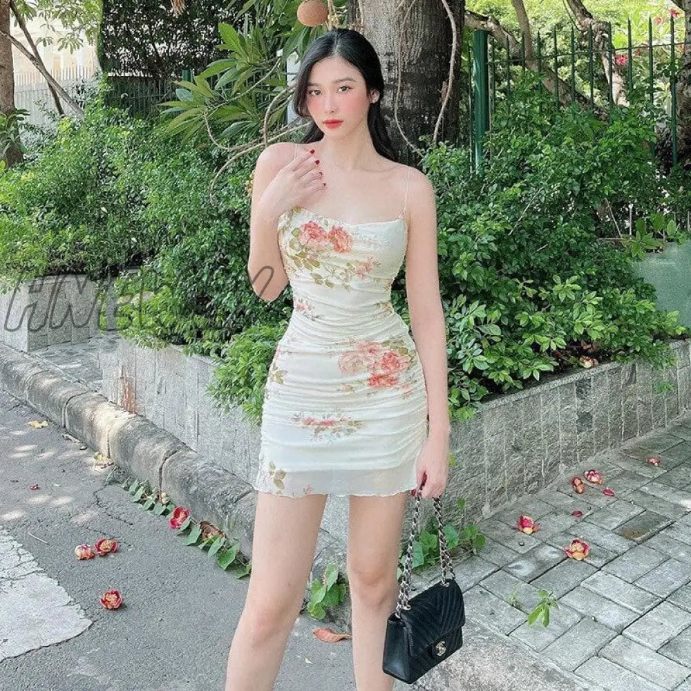 xsrrr 2000s Women Floral Mini Dress y2k Aesthetic Sleeveless Ruffles Hem Kawaii Sundress Sexy Sweet Girl Fairycore Dresses