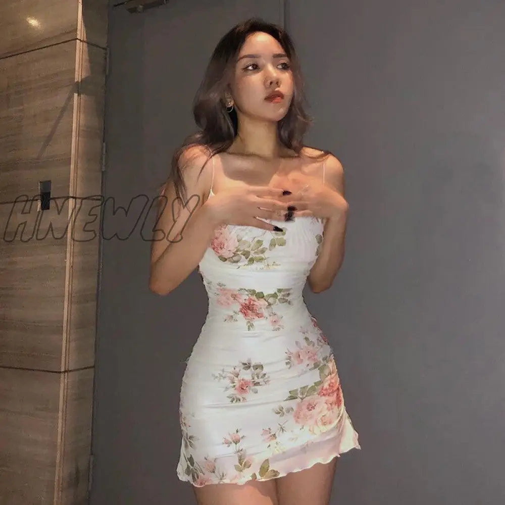 xsrrr 2000s Women Floral Mini Dress y2k Aesthetic Sleeveless Ruffles Hem Kawaii Sundress Sexy Sweet Girl Fairycore Dresses