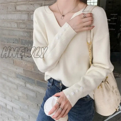 xsrrr 2024 New Autumn Women Sweater V-Neck Long Sleeve Knitted Sweaters Solid Korean Basic Casual Jumper Bottoming Pullovers Top