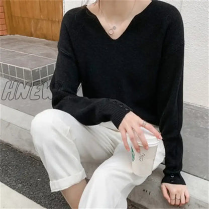 xsrrr 2024 New Autumn Women Sweater V-Neck Long Sleeve Knitted Sweaters Solid Korean Basic Casual Jumper Bottoming Pullovers Top