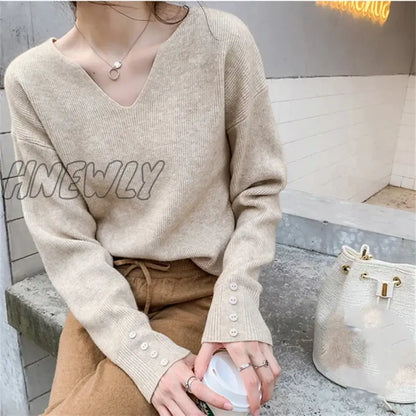 xsrrr 2024 New Autumn Women Sweater V-Neck Long Sleeve Knitted Sweaters Solid Korean Basic Casual Jumper Bottoming Pullovers Top