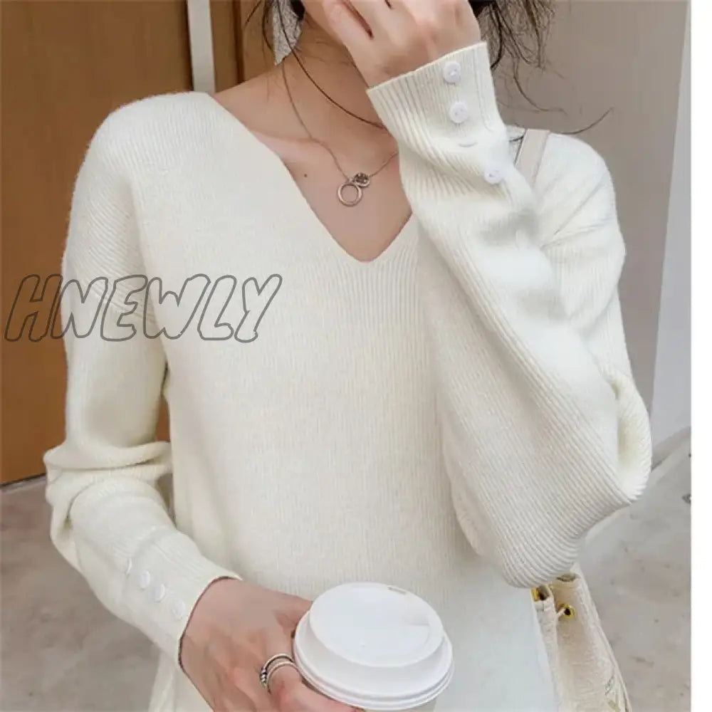 xsrrr 2024 New Autumn Women Sweater V-Neck Long Sleeve Knitted Sweaters Solid Korean Basic Casual Jumper Bottoming Pullovers Top