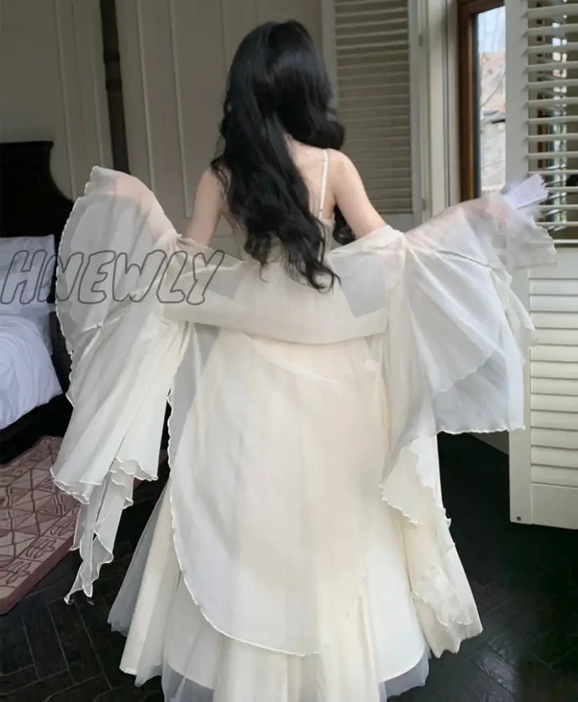 Hnewly 2024 New Spaghetti Straps White Chiffon Long Women's Summer Holiday French Elegant Irregular Ruffle Fairy Dress Chiffon Cardigan