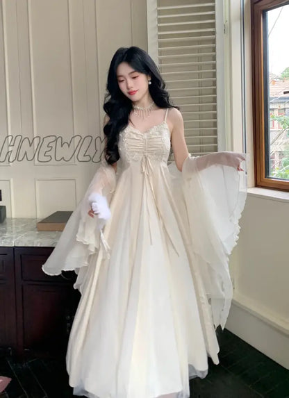 Hnewly 2024 New Spaghetti Straps White Chiffon Long Women's Summer Holiday French Elegant Irregular Ruffle Fairy Dress Chiffon Cardigan