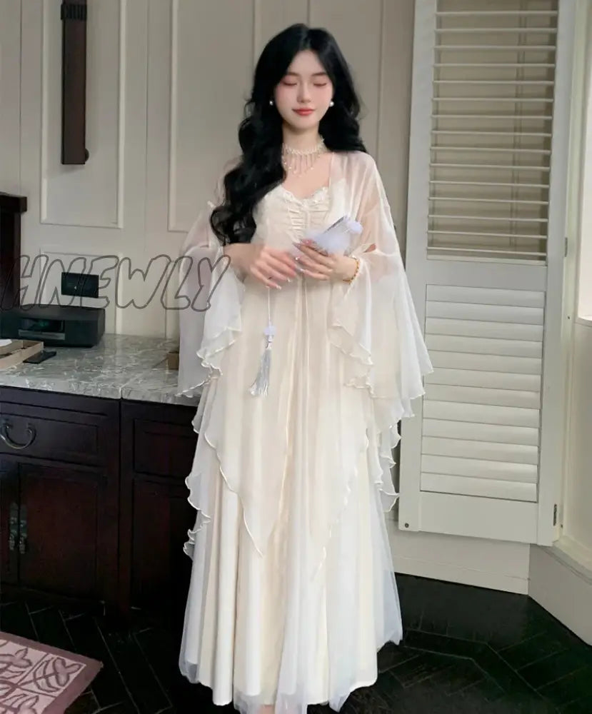 Hnewly 2024 New Spaghetti Straps White Chiffon Long Women's Summer Holiday French Elegant Irregular Ruffle Fairy Dress Chiffon Cardigan