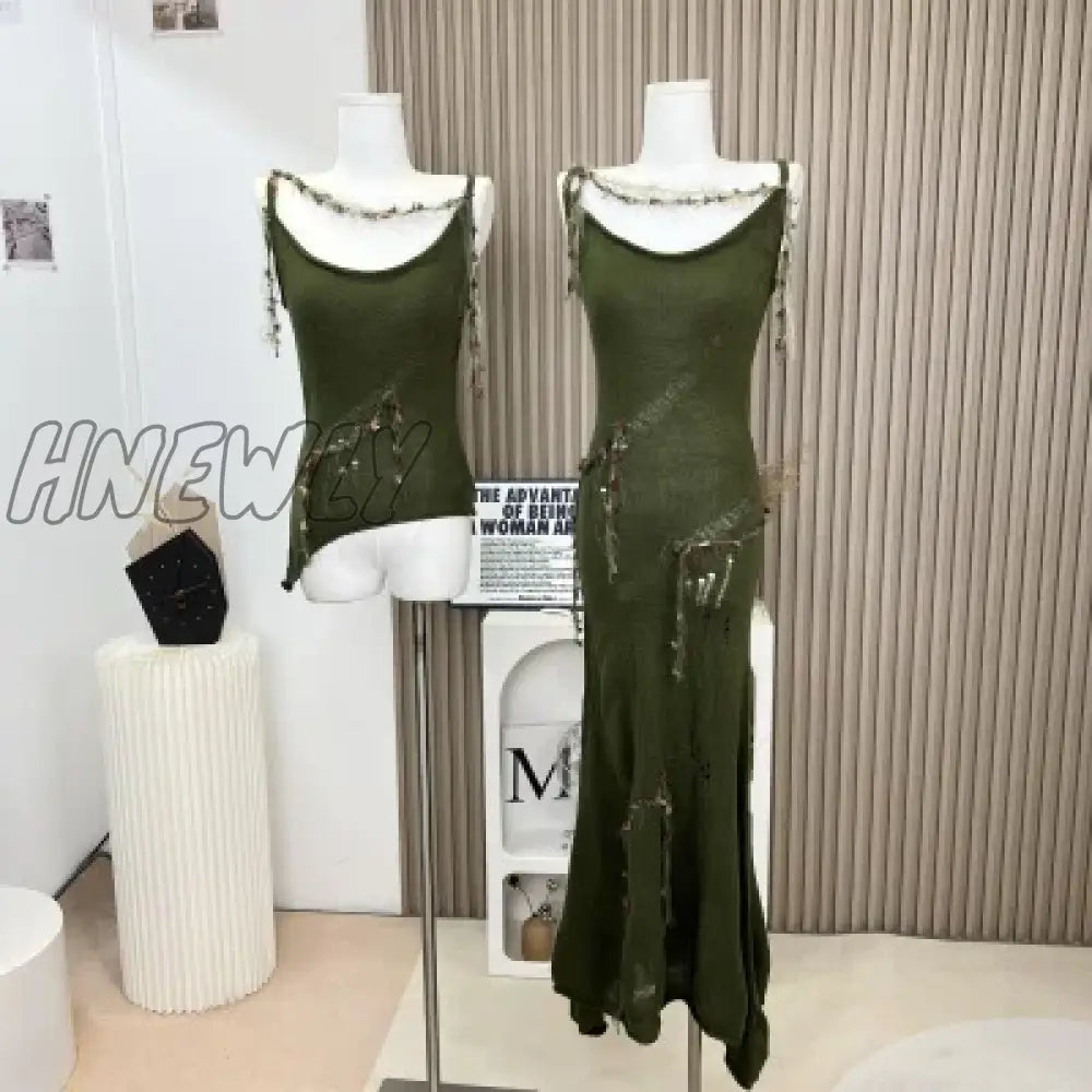 Hnewly 2024 Retro Knitted Women's Dresses Summer V-Neck Sleeveless Long Dress Broken Hole Street Green Dress Female