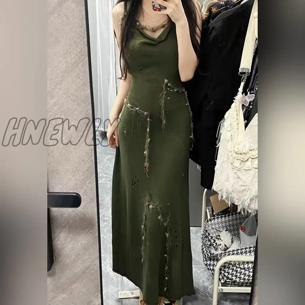 Hnewly 2024 Retro Knitted Women's Dresses Summer V-Neck Sleeveless Long Dress Broken Hole Street Green Dress Female