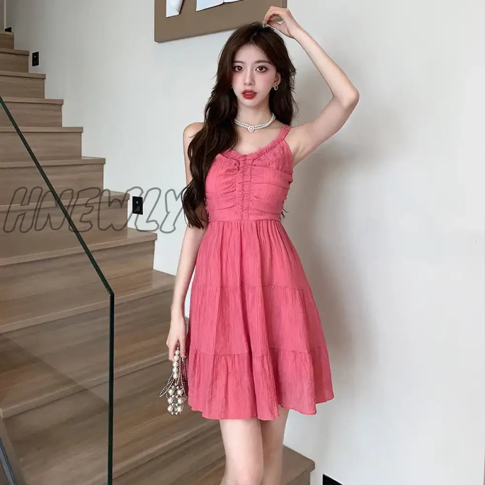 Hnewly 2024 Summer Korean Women Chic French Squar Neck A-line Mini Dress For Ladies Backless Sleeveless Slim Dress Ruched Outfits