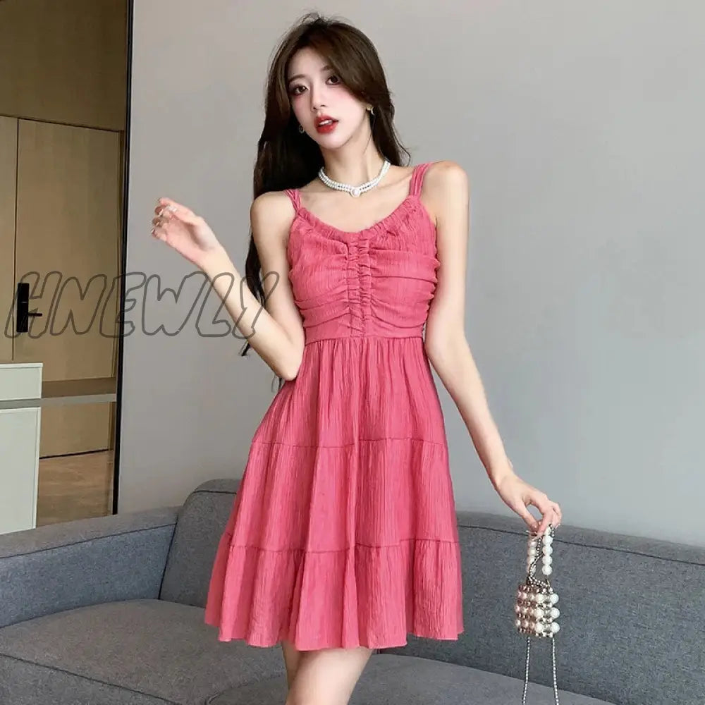 Hnewly 2024 Summer Korean Women Chic French Squar Neck A-line Mini Dress For Ladies Backless Sleeveless Slim Dress Ruched Outfits