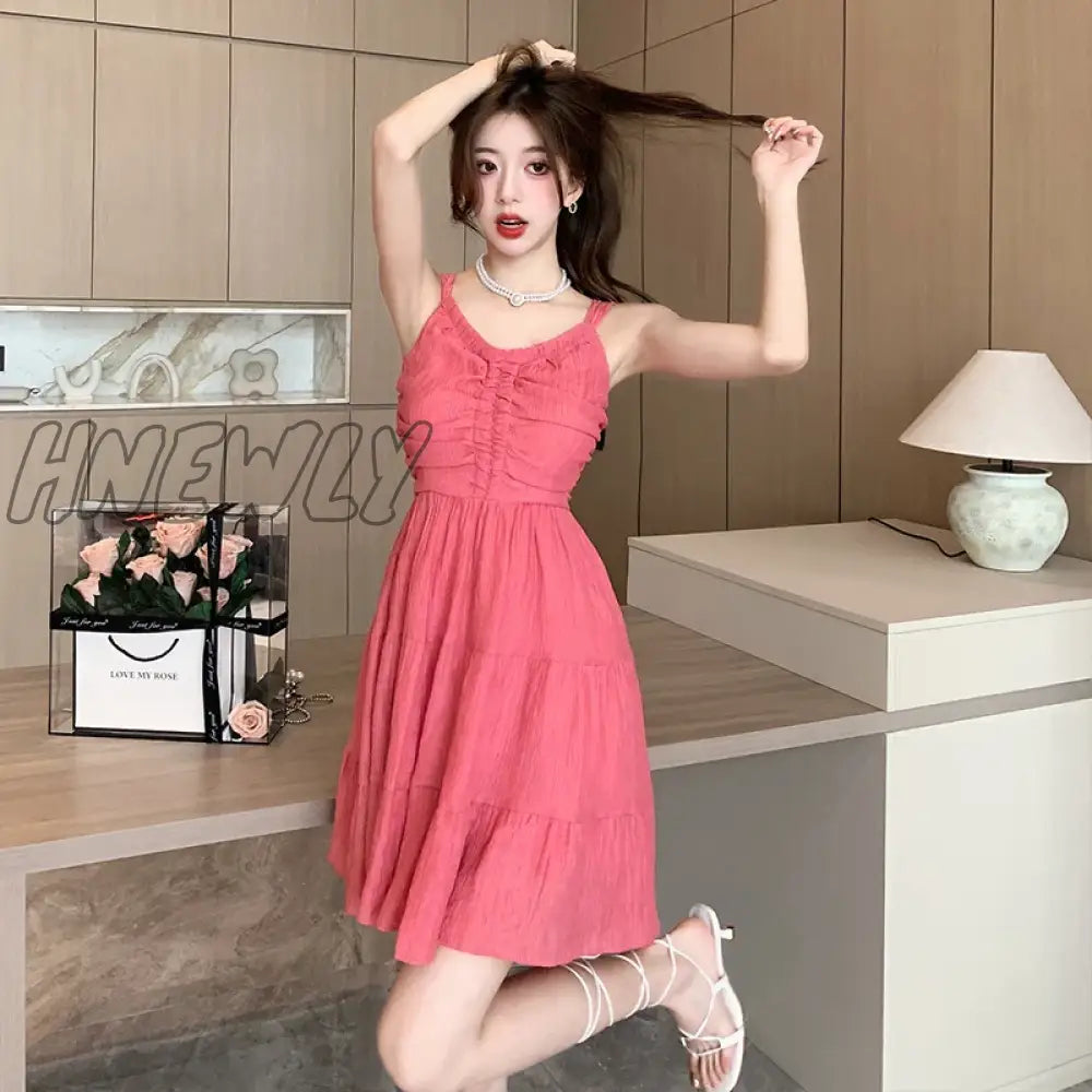 Hnewly 2024 Summer Korean Women Chic French Squar Neck A-line Mini Dress For Ladies Backless Sleeveless Slim Dress Ruched Outfits