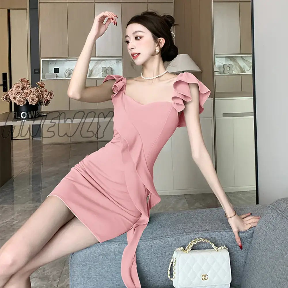 xsrrr 2024 Summer New Women's Retro Sweet Gauze Fragmented Waist retraction Slim Fashion Pleated sling Wrap buttocks Mini Dress