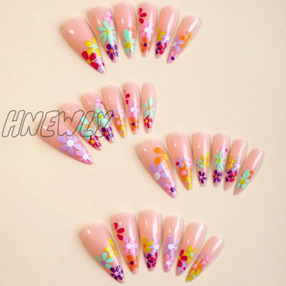 xsrrr 24pcs Long Point Press On Nails Colorful Small Flower Sweet False Nails for Girl Wearable Artificial Nail Tips