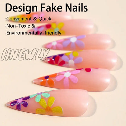 xsrrr 24pcs Long Point Press On Nails Colorful Small Flower Sweet False Nails for Girl Wearable Artificial Nail Tips