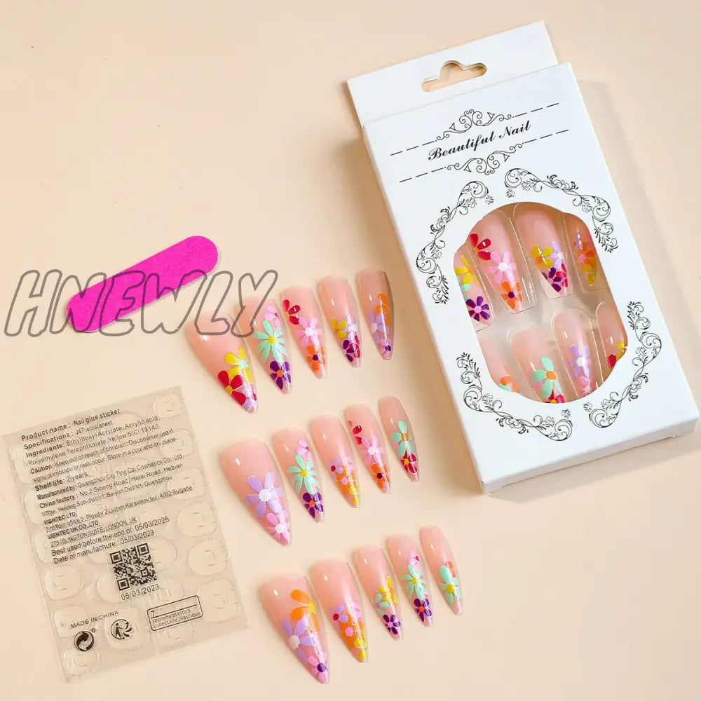 xsrrr 24pcs Long Point Press On Nails Colorful Small Flower Sweet False Nails for Girl Wearable Artificial Nail Tips