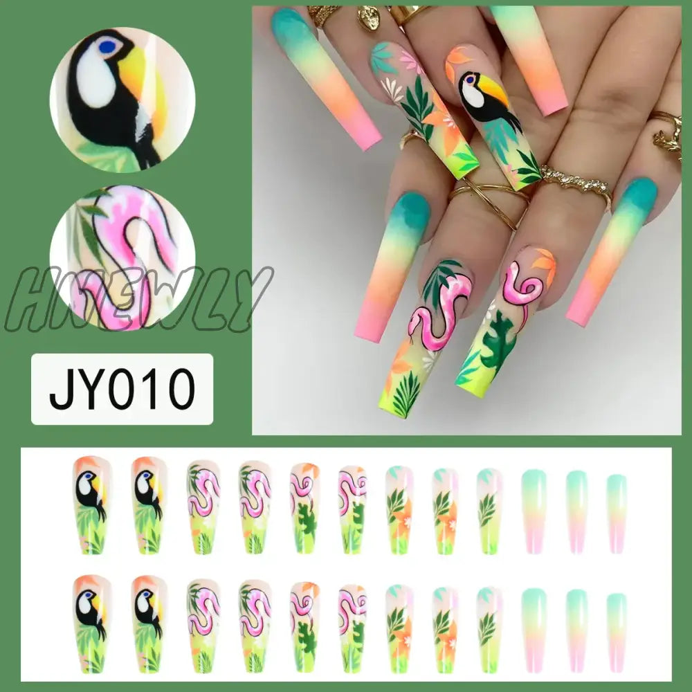 Hnewly 24pcs/set fake nails accessories Spring summer brids snake leaf designs long french coffin tips faux ongles press on false nail