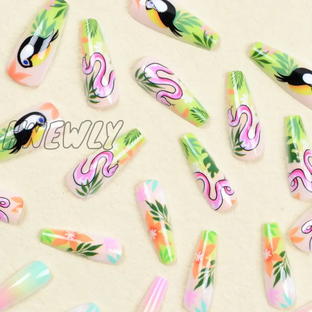 Hnewly 24pcs/set fake nails accessories Spring summer brids snake leaf designs long french coffin tips faux ongles press on false nail