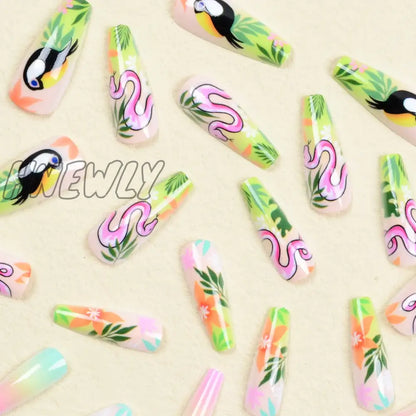 Hnewly 24pcs/set fake nails accessories Spring summer brids snake leaf designs long french coffin tips faux ongles press on false nail