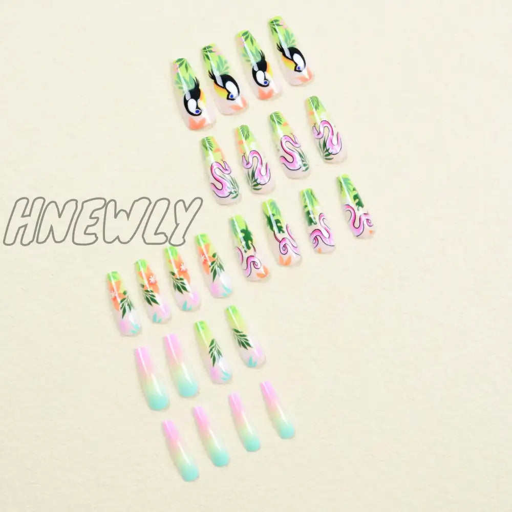 Hnewly 24pcs/set fake nails accessories Spring summer brids snake leaf designs long french coffin tips faux ongles press on false nail