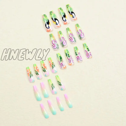 Hnewly 24pcs/set fake nails accessories Spring summer brids snake leaf designs long french coffin tips faux ongles press on false nail