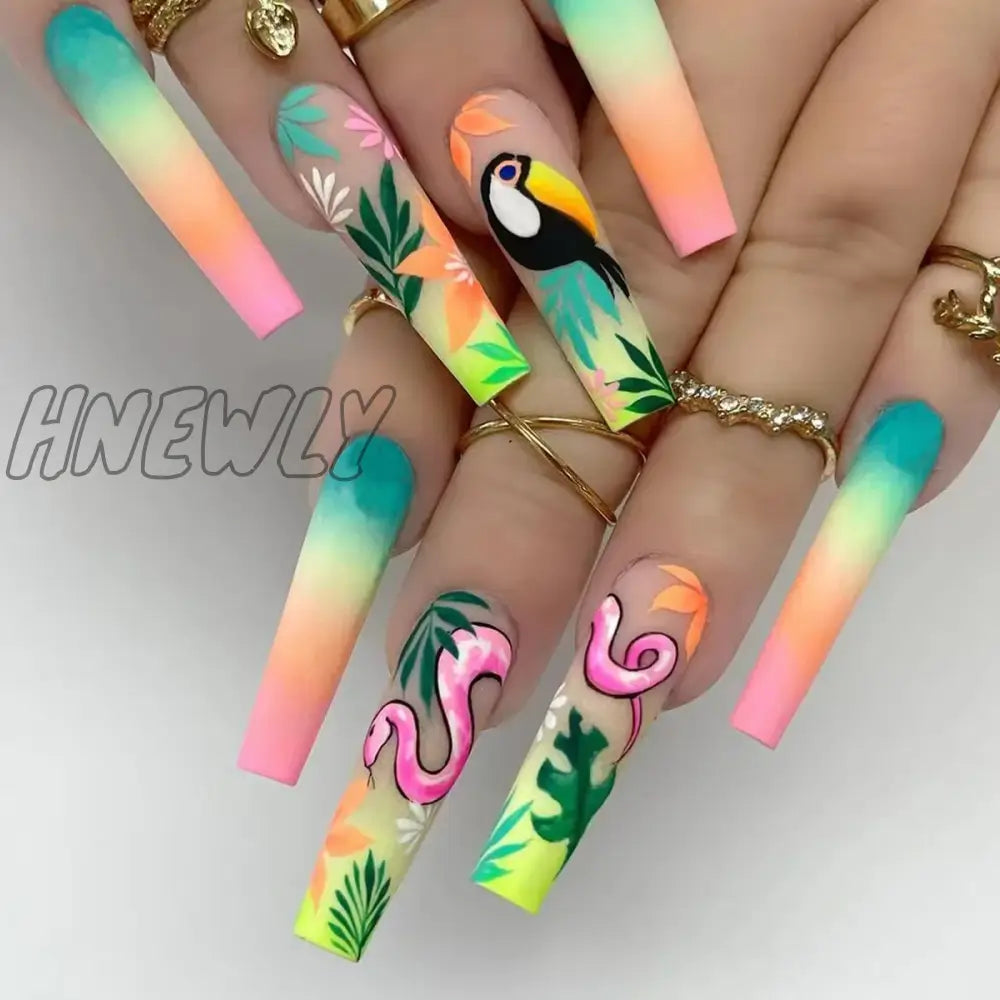 Hnewly 24pcs/set fake nails accessories Spring summer brids snake leaf designs long french coffin tips faux ongles press on false nail