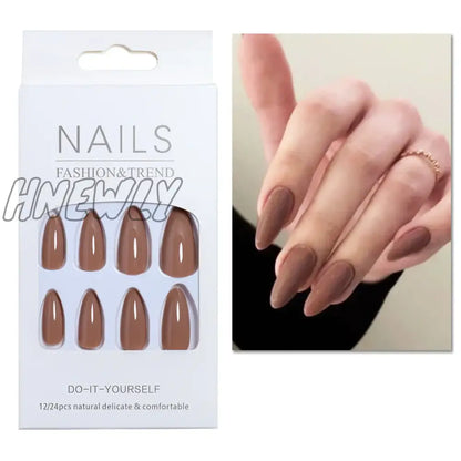 Hnewly 24pcs/set nude brown white fake nails for fall winter season french almond tips faux ongles press on false nail supplies