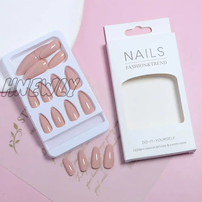 Hnewly 24pcs/set nude brown white fake nails for fall winter season french almond tips faux ongles press on false nail supplies