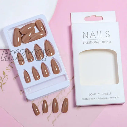 Hnewly 24pcs/set nude brown white fake nails for fall winter season french almond tips faux ongles press on false nail supplies