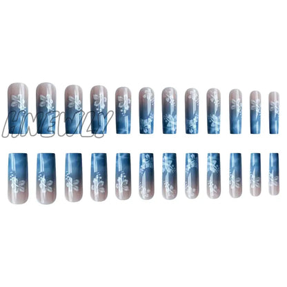 Hnewly 24pcs Y2k Summer Sea Blue Gradient Fake Nails With Water Ripples Designs Long Square Coffin False Nails Set Press On Nail Tips