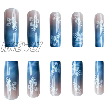 Hnewly 24pcs Y2k Summer Sea Blue Gradient Fake Nails With Water Ripples Designs Long Square Coffin False Nails Set Press On Nail Tips