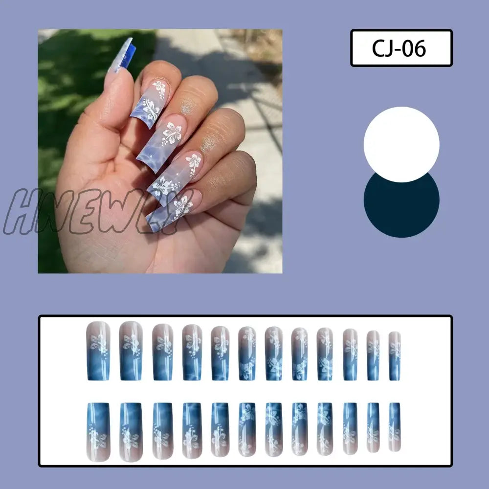 Hnewly 24pcs Y2k Summer Sea Blue Gradient Fake Nails With Water Ripples Designs Long Square Coffin False Nails Set Press On Nail Tips