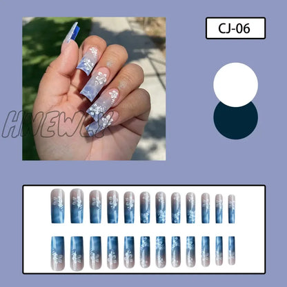 Hnewly 24pcs Y2k Summer Sea Blue Gradient Fake Nails With Water Ripples Designs Long Square Coffin False Nails Set Press On Nail Tips