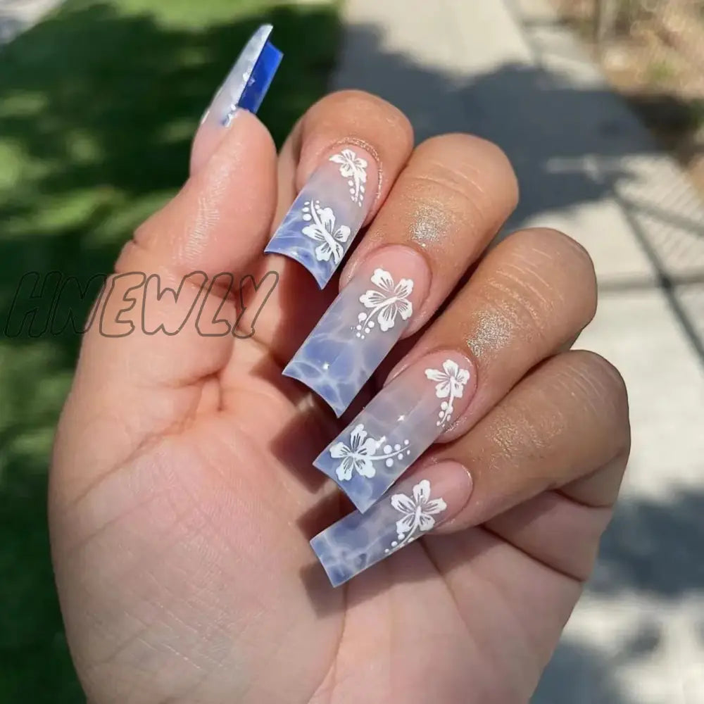 Hnewly 24pcs Y2k Summer Sea Blue Gradient Fake Nails With Water Ripples Designs Long Square Coffin False Nails Set Press On Nail Tips