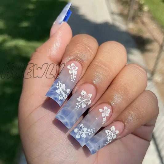 Hnewly 24pcs Y2k Summer Sea Blue Gradient Fake Nails With Water Ripples Designs Long Square Coffin False Nails Set Press On Nail Tips