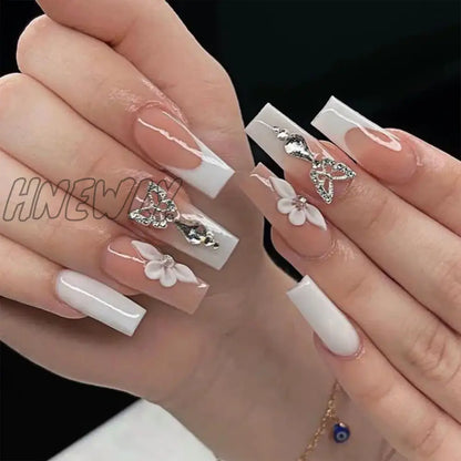 Hnewly 24pcs Y2k Summer Sea Blue Gradient Fake Nails With Water Ripples Designs Long Square Coffin False Nails Set Press On Nail Tips