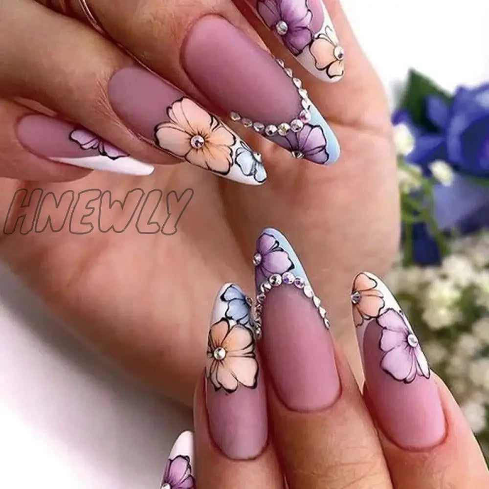 Hnewly 24Pcs Yellow Flower Almond False Nails Summer with French Design Wearable Fake Nails Simple Full Cover Press on Nails Tips Art