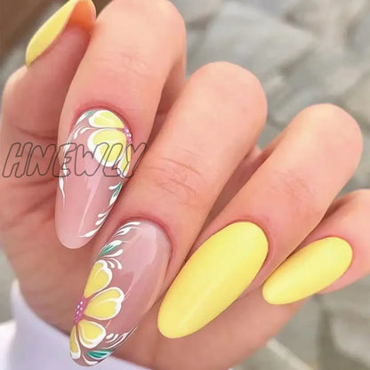 Hnewly 24Pcs Yellow Flower Almond False Nails Summer with French Design Wearable Fake Nails Simple Full Cover Press on Nails Tips Art