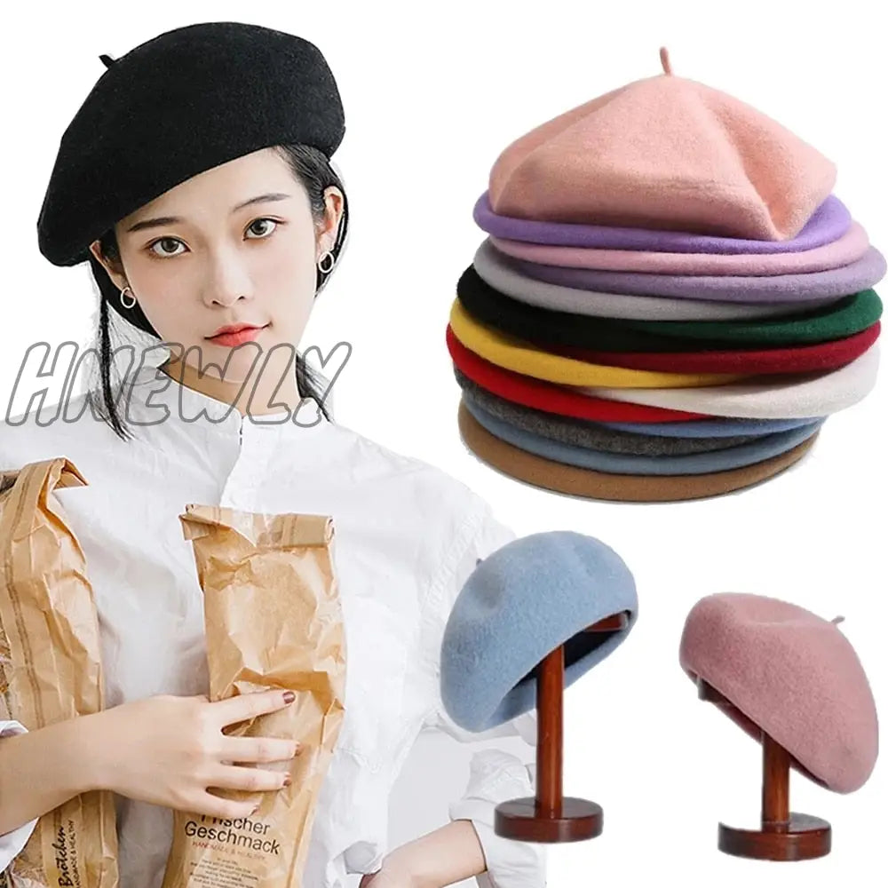 Hnewly 30 colors available Women Girl Beret French Artist Warm Wool Winter Beanie Hat Solid Color Retro Beret Elegant Lady Winter Caps