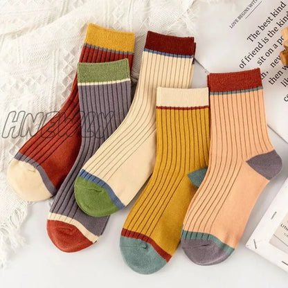 xsrrr 5Pairs/Set Autumn Winter Striped Cotton Socks Women Retro Korean Cartoon Bear Middle Tube Socks Casual Sports Indoor Sock Sokken