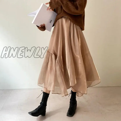 Hnewly A Line Japanese Harajuku Autumn Winter Women Skirt High Waist Solid Female Korean Streetwear Elegant Long Skirts