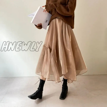 Hnewly A Line Japanese Harajuku Autumn Winter Women Skirt High Waist Solid Female Korean Streetwear Elegant Long Skirts