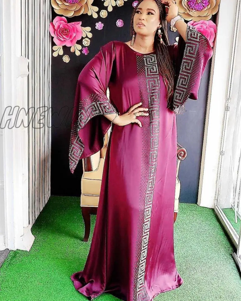 xsrrr African Design Dashiki Dress Silk Beading Abaya Bandage Maxi Bazin Vintage Long Sleeve Robe Gowns Africa Sexy Lady Party