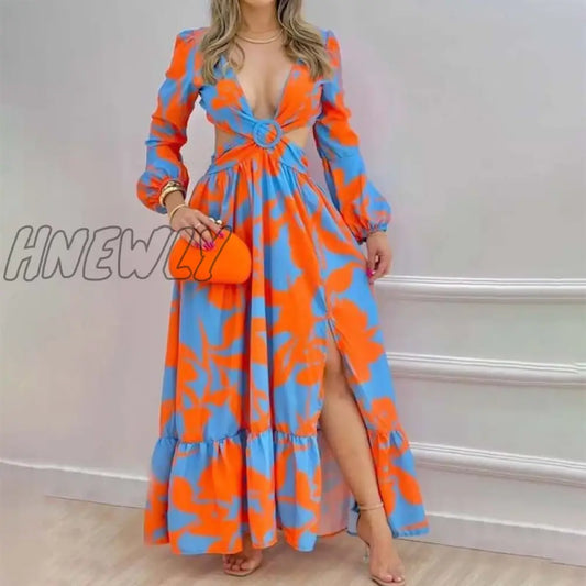 xsrrr African Dresses for Women Summer Bohemia Beach Party Maxi Dress Ladies Sexy V-neck Wear Floral Print Africa Clothing