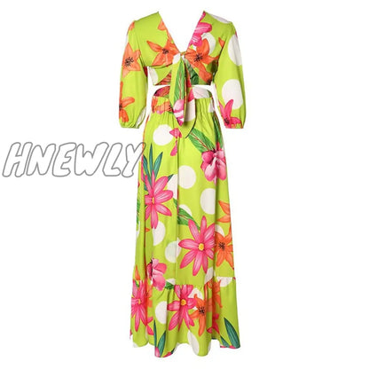 xsrrr African Dresses for Women Summer Bohemia Beach Party Maxi Dress Ladies Sexy V-neck Wear Floral Print Africa Clothing