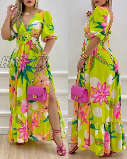 xsrrr African Dresses for Women Summer Bohemia Beach Party Maxi Dress Ladies Sexy V-neck Wear Floral Print Africa Clothing