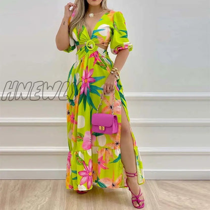 xsrrr African Dresses for Women Summer Bohemia Beach Party Maxi Dress Ladies Sexy V-neck Wear Floral Print Africa Clothing