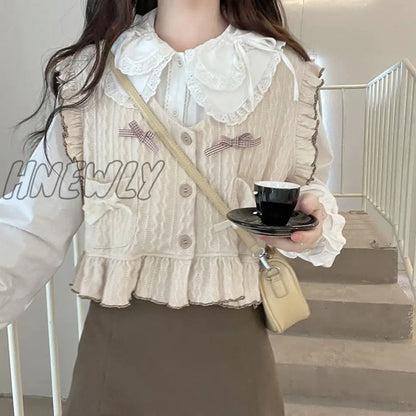 xsrrr Autum Kawaii Knitted Sweater Vest Women Japanese Style Sweet Patchwork Pullover Vest Female Korean Fashion Bow Knitwear New