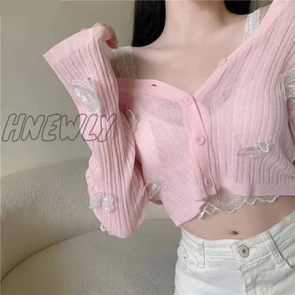 xsrrr Autumn Cute Butterfly Knitted Cardigan Women Korean Sexy V-Neck Short Sweater Jacket Summer Long-sleeved Sunscreen Crop Top