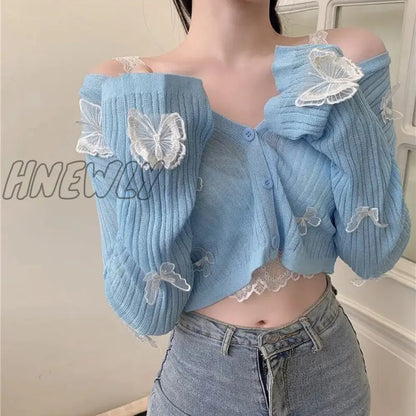 xsrrr Autumn Cute Butterfly Knitted Cardigan Women Korean Sexy V-Neck Short Sweater Jacket Summer Long-sleeved Sunscreen Crop Top