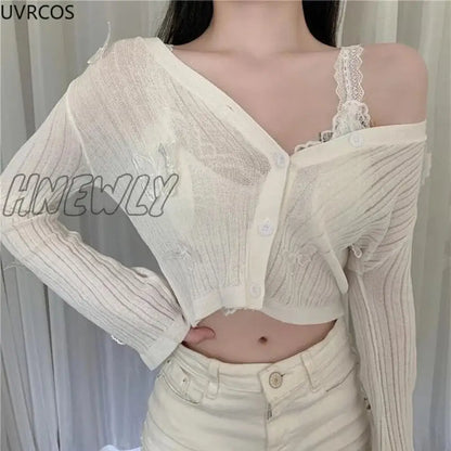 xsrrr Autumn Cute Butterfly Knitted Cardigan Women Korean Sexy V-Neck Short Sweater Jacket Summer Long-sleeved Sunscreen Crop Top