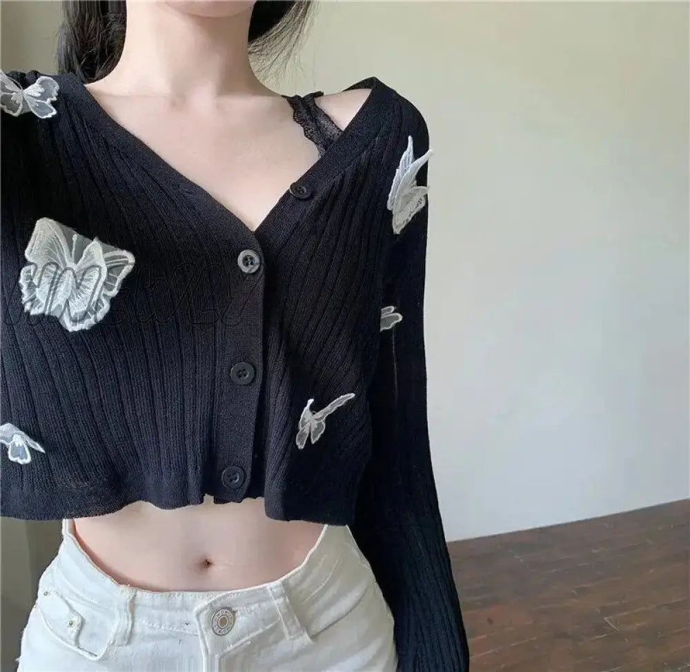 xsrrr Autumn Cute Butterfly Knitted Cardigan Women Korean Sexy V-Neck Short Sweater Jacket Summer Long-sleeved Sunscreen Crop Top